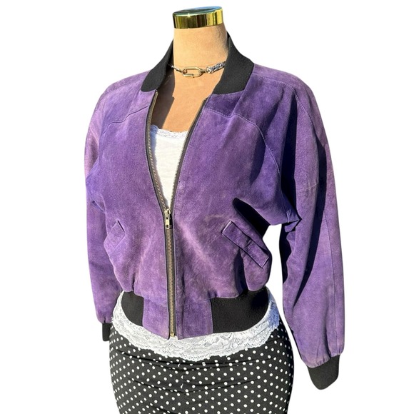 VTG 90s Notorious Women's M Purple Suede Cropped Bomber Jacket Grunge Taiwan - Picture 1 of 13